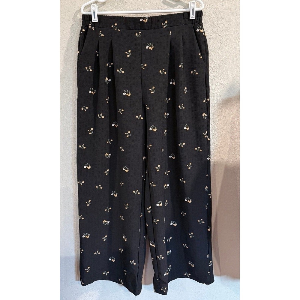 SHEIN Ditsy Floral Wide Leg Pants 0XL Black Elastic Waist Trousers Pocket